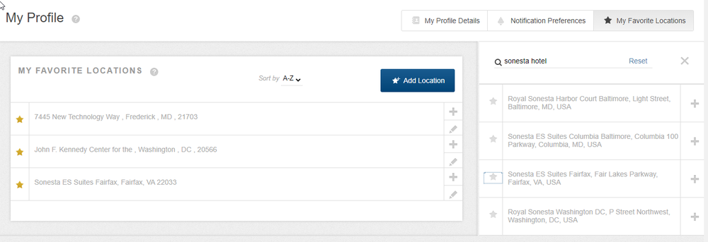 Screenshot of favorite locations feature displaying saved addresses including home, work, and frequently visited destinations with map pins and location details for quick booking.