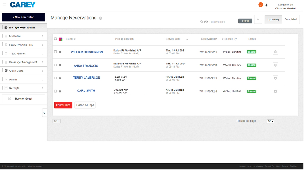 Screenshot of reservation management interface displaying a calendar view with booking details, passenger information, vehicle assignments, and scheduling controls for managing transportation reservations.