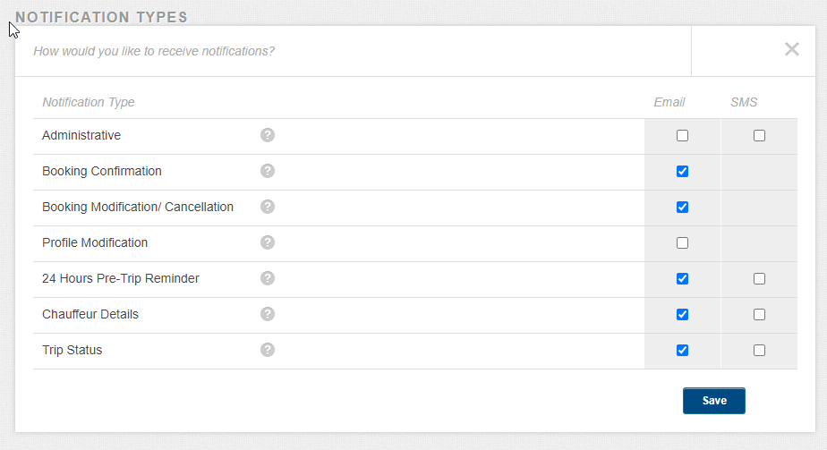 Screenshot of notification settings interface showing toggles and preferences for managing alerts, push notifications, and communication preferences in the transportation app.