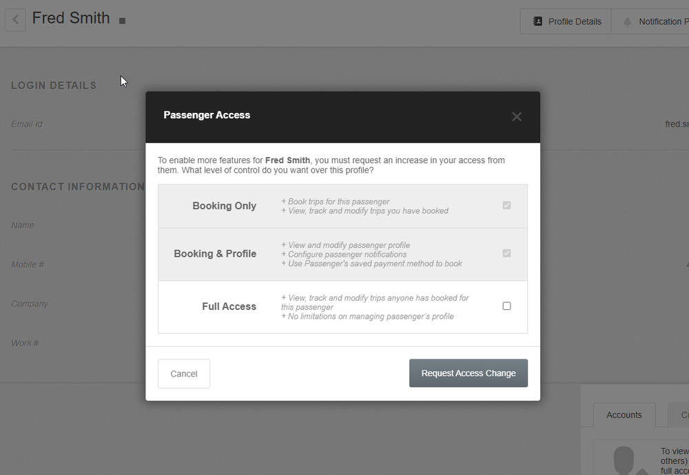 Screenshot of passenger access management interface displaying user permissions, access controls, and security settings for managing passenger profiles and account privileges in the transportation system.