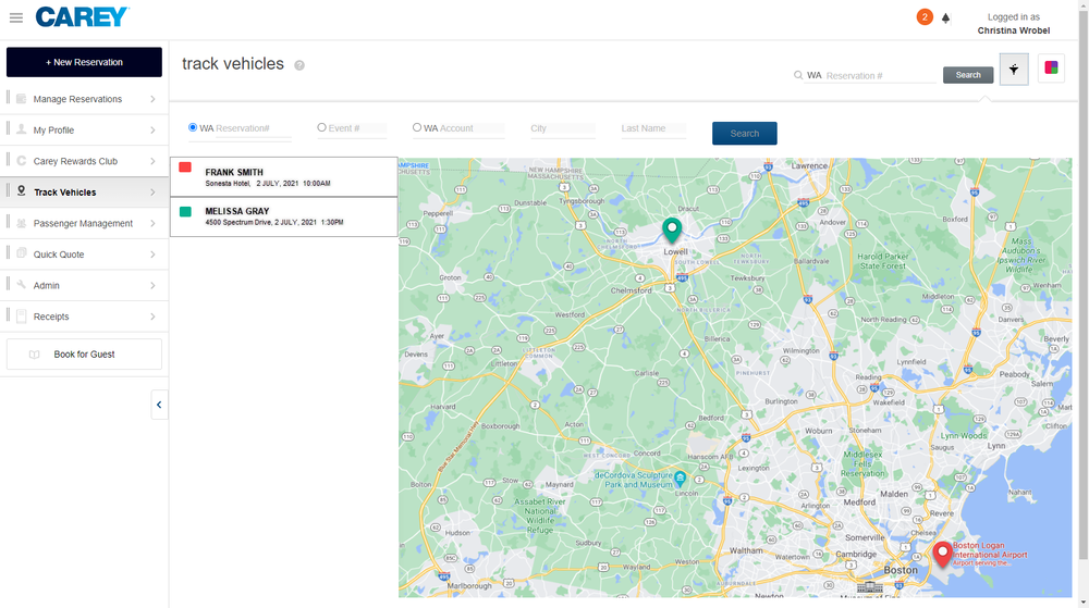 Screenshot of vehicle tracking interface showing real-time locations of multiple vehicles on an interactive map with status indicators, route information, and driver details for fleet monitoring.